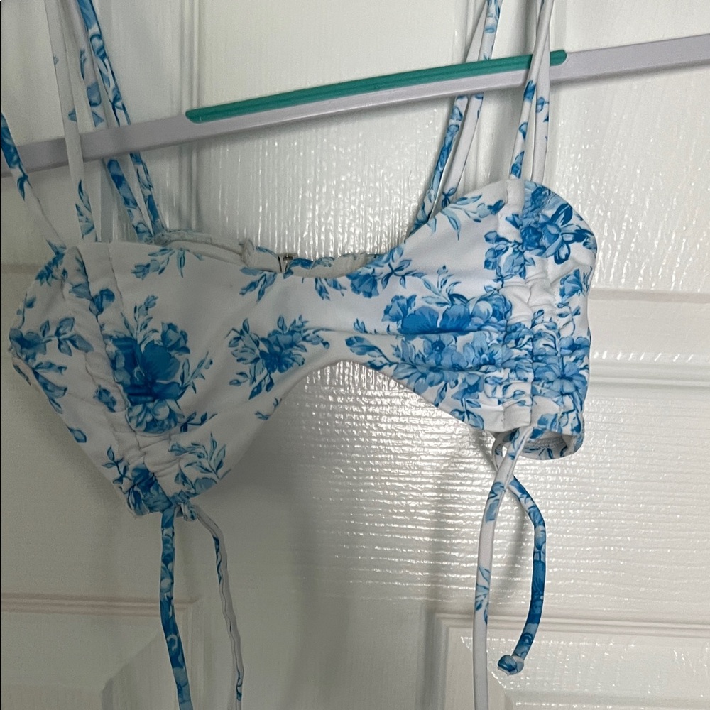 Blue and White Floral Bikini Top with Adjustable Straps